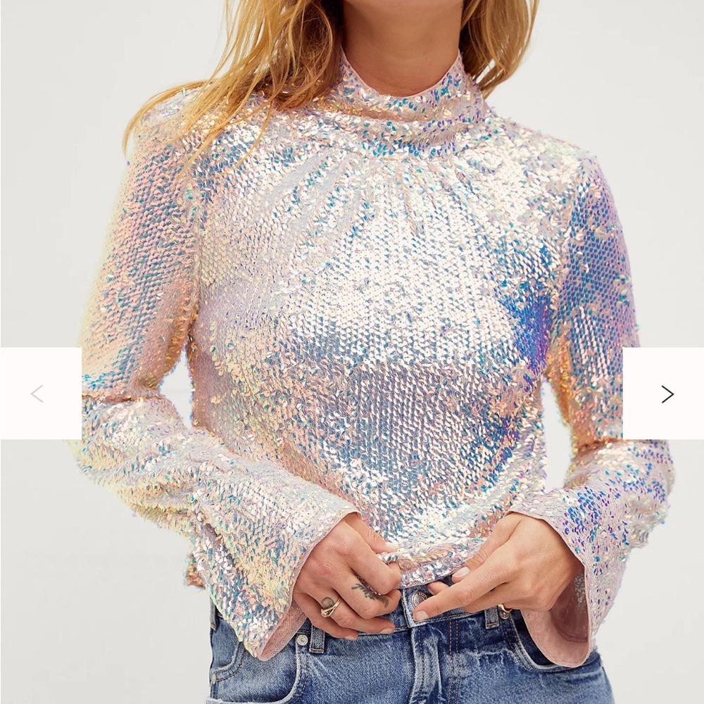 Free People Iridescent Sequin Mock Neck Top - Pin